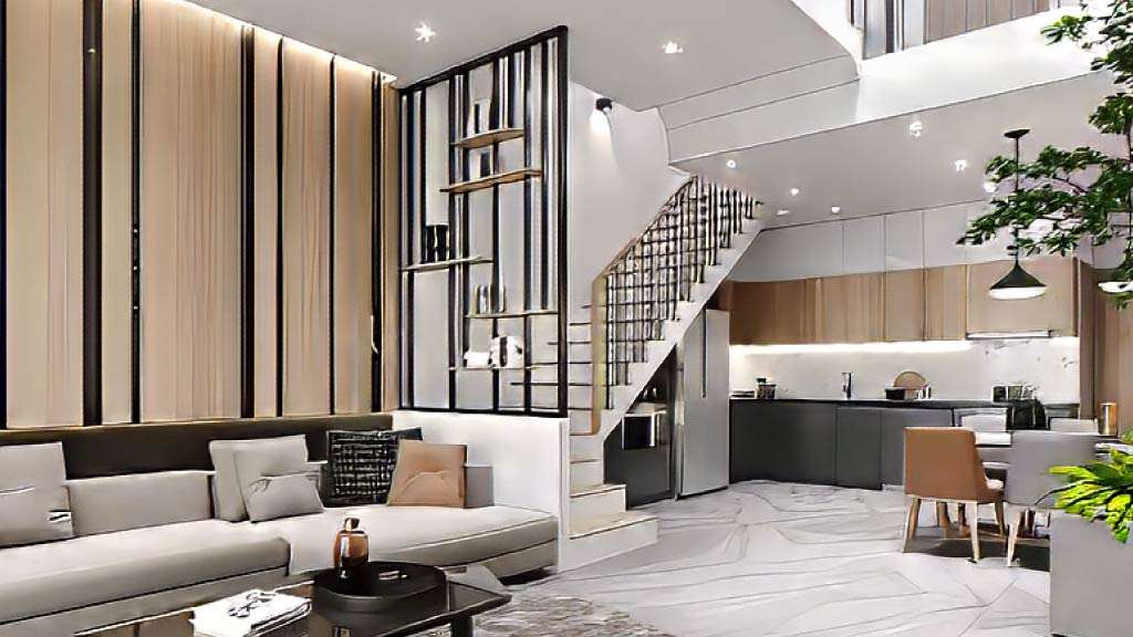 mẫu vách ngăn cầu thang với phòng bếp