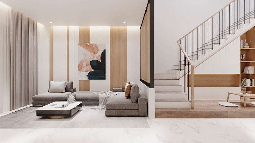 mẫu vách ngăn cầu thang với phòng khách