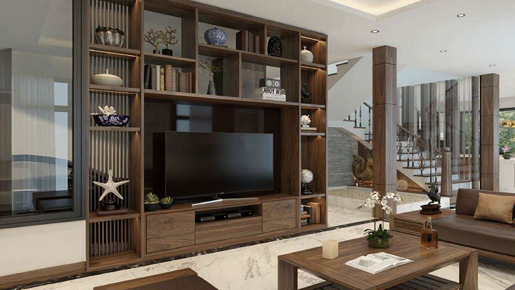 vách ngăn cầu thang kết hợp giá kệ