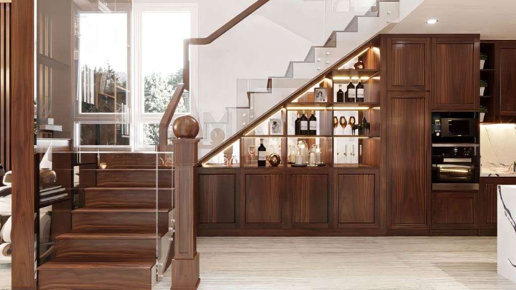 vách ngăn cầu thang với phòng bếp