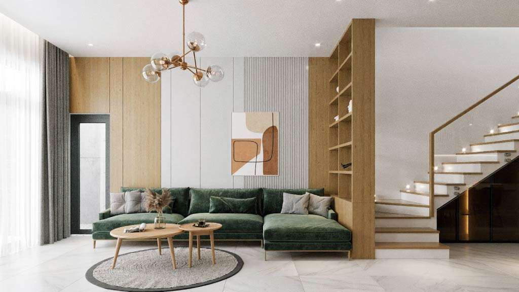 vách ngăn cầu thang với phòng khách