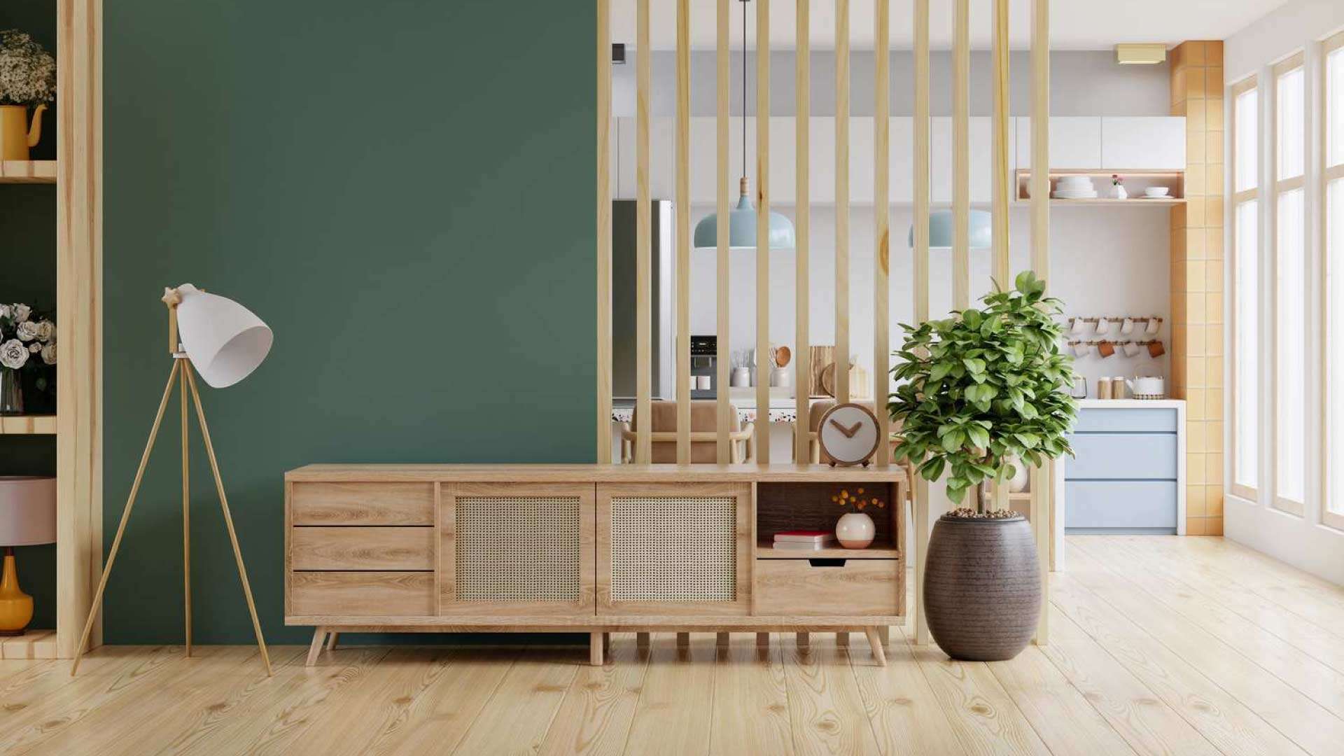 mẫu vách ngăn phòng khách và phòng bếp