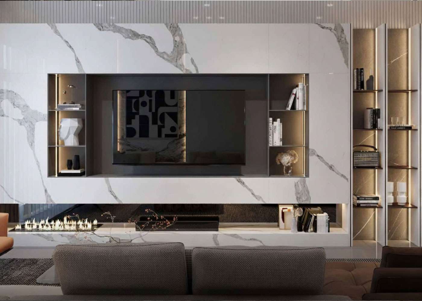 28 mẫu vách tivi đẹp, hiện đại cho phòng khách 2026