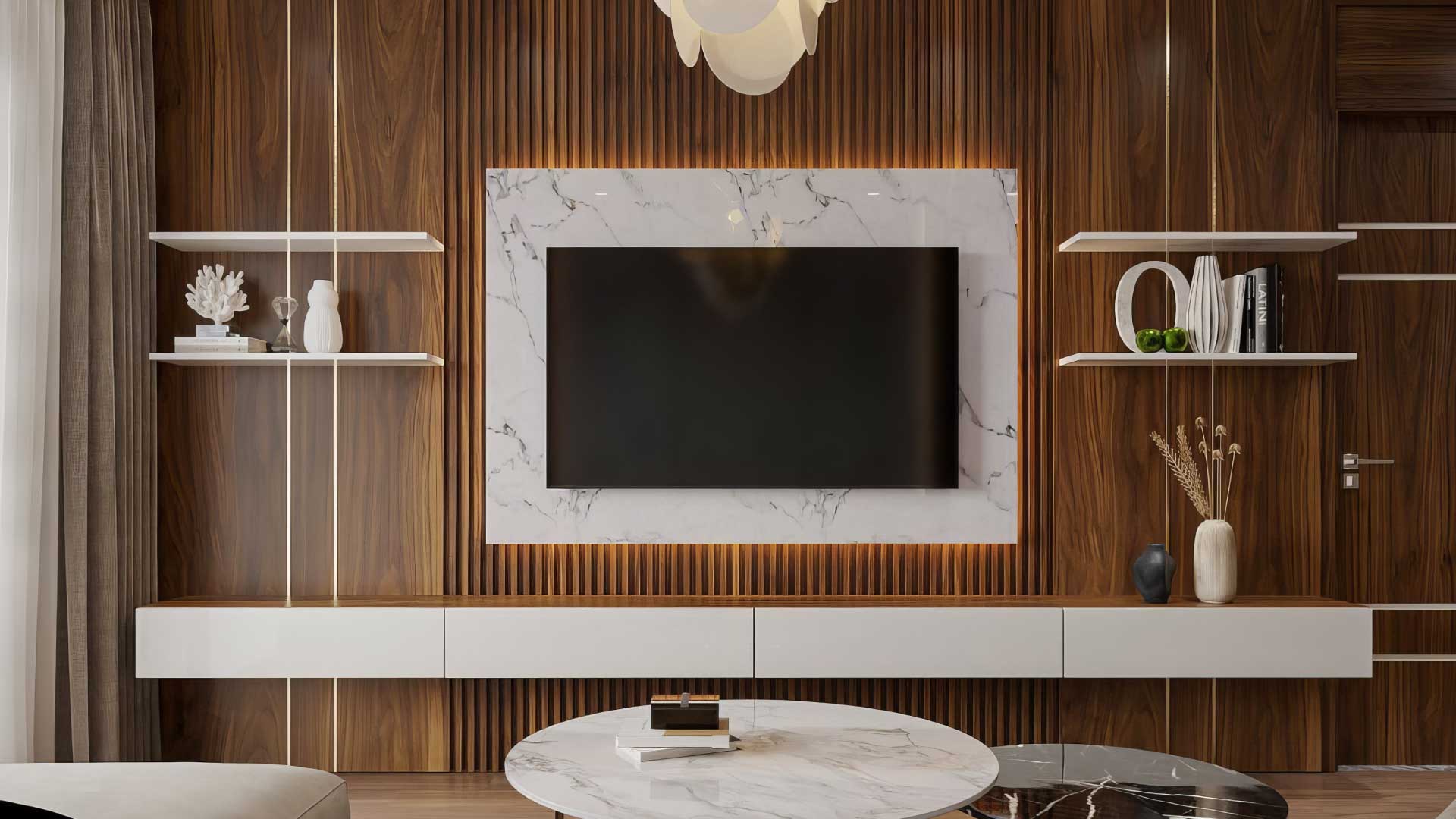 mẫu vách tivi bằng gỗ công nghiệp