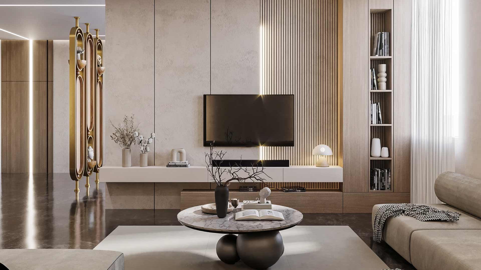 mẫu vách tivi kết hợp kệ trang trí