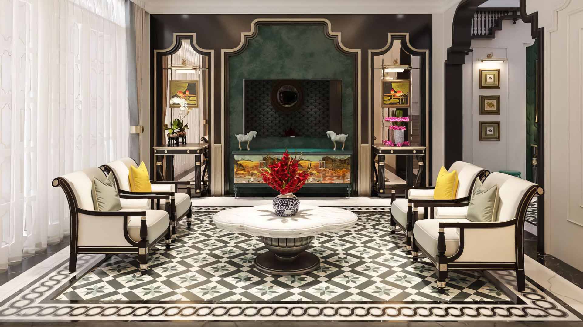 mẫu vách tivi theo phong cách đông dương