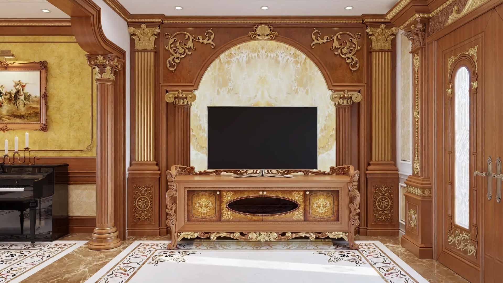 mẫu vách tivi theo phong cách tân cổ điển