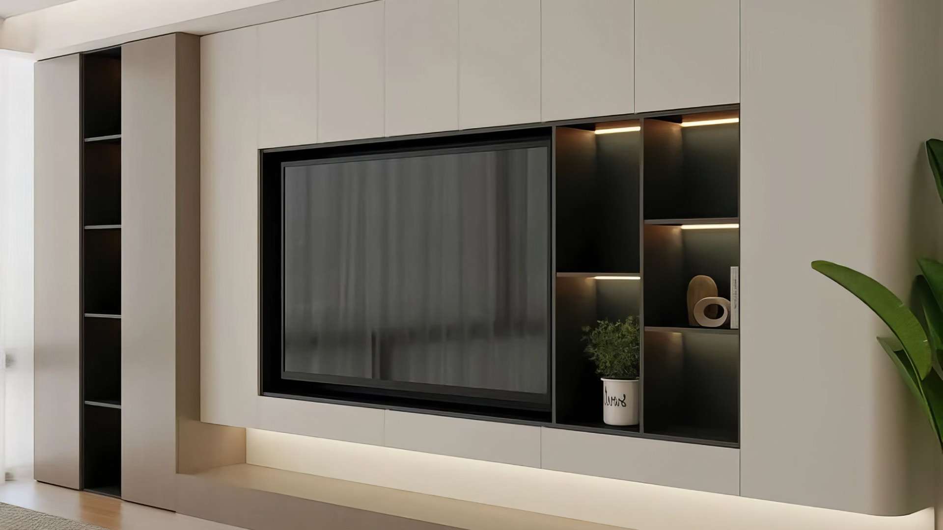 vách tivi phòng khách bằng gỗ công nghiệp