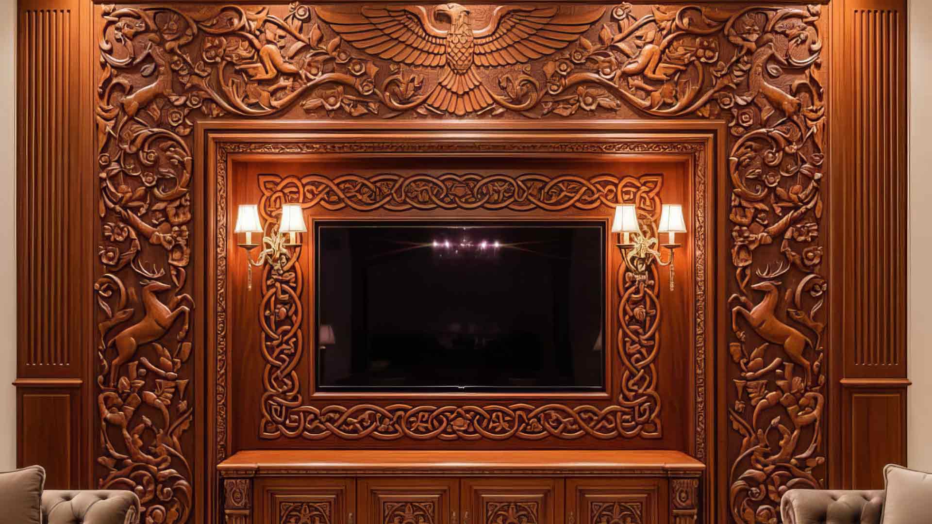 vách tivi phòng khách bằng gỗ tự nhiên