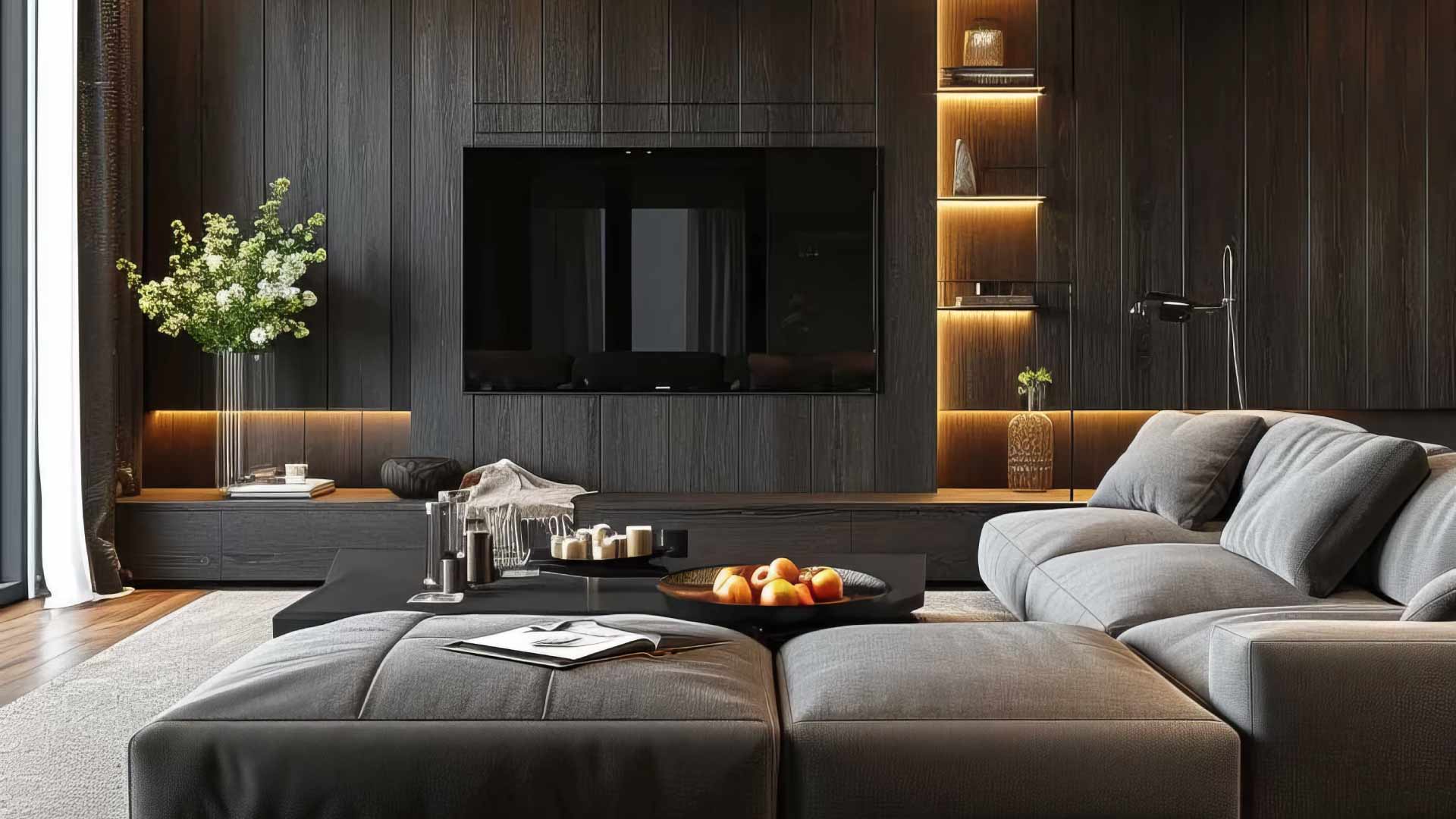 mẫu nội thất phòng khách bằng gỗ mun