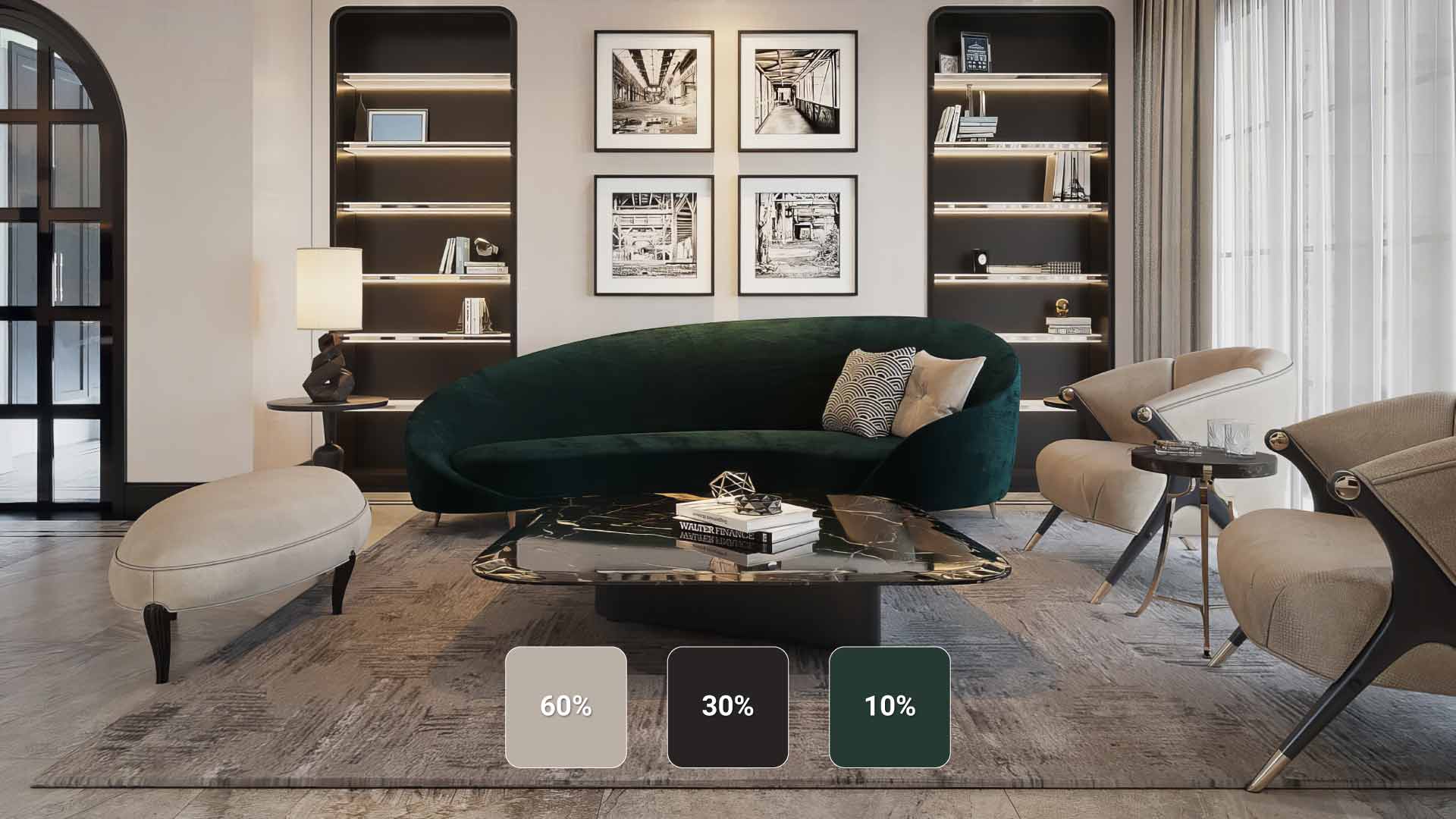 Phối màu sàn gỗ và nội thất theo tỉ lệ 6 - 3 - 1