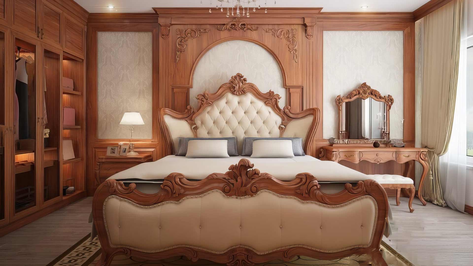 mẫu vách đầu giường ốp gỗ tự nhiên