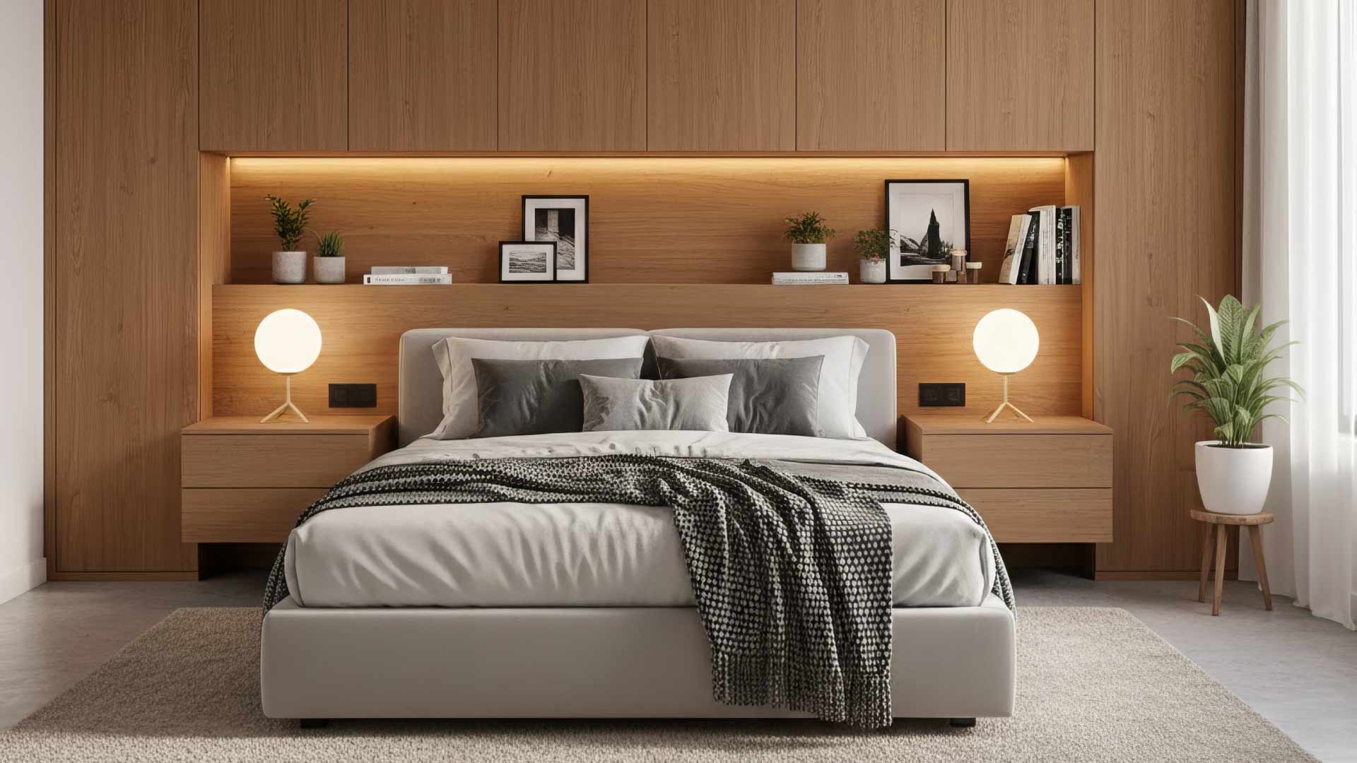 mẫu vách đầu giường tích hợp kệ