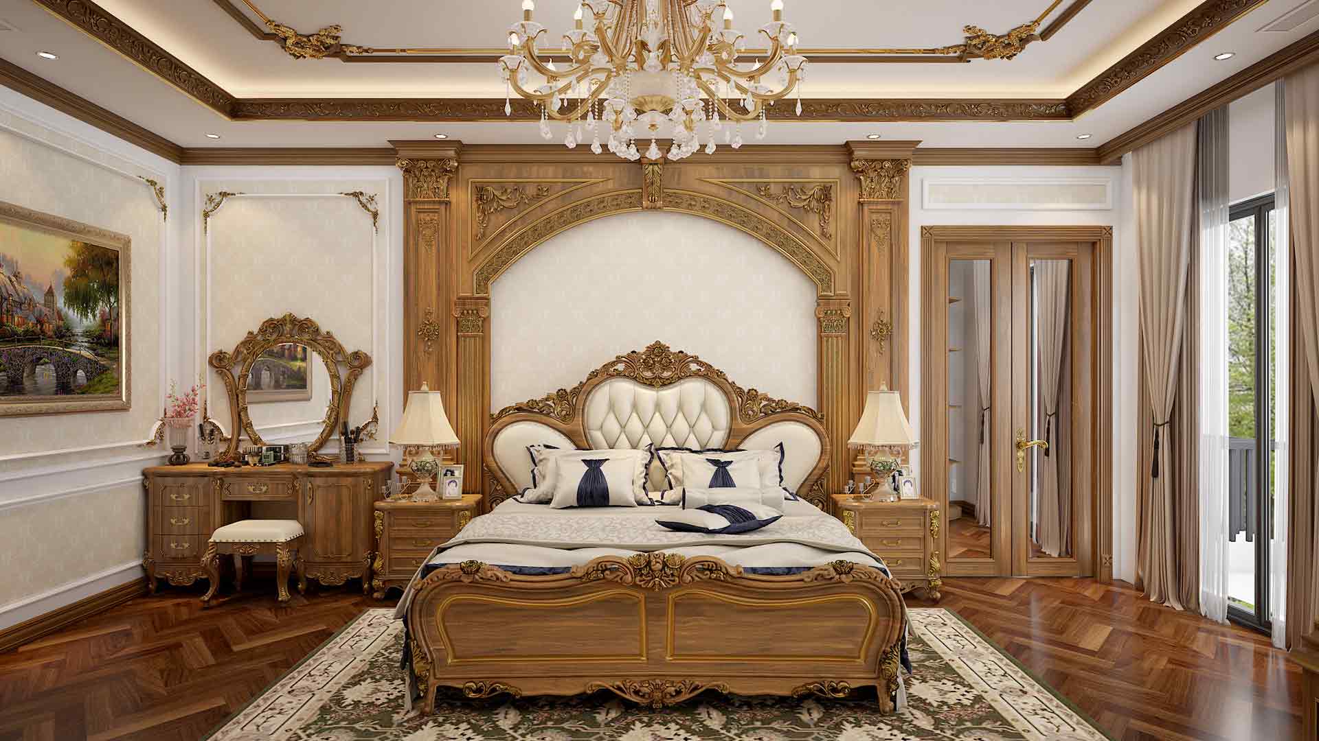 vách đầu giường ốp gỗ tự nhiên