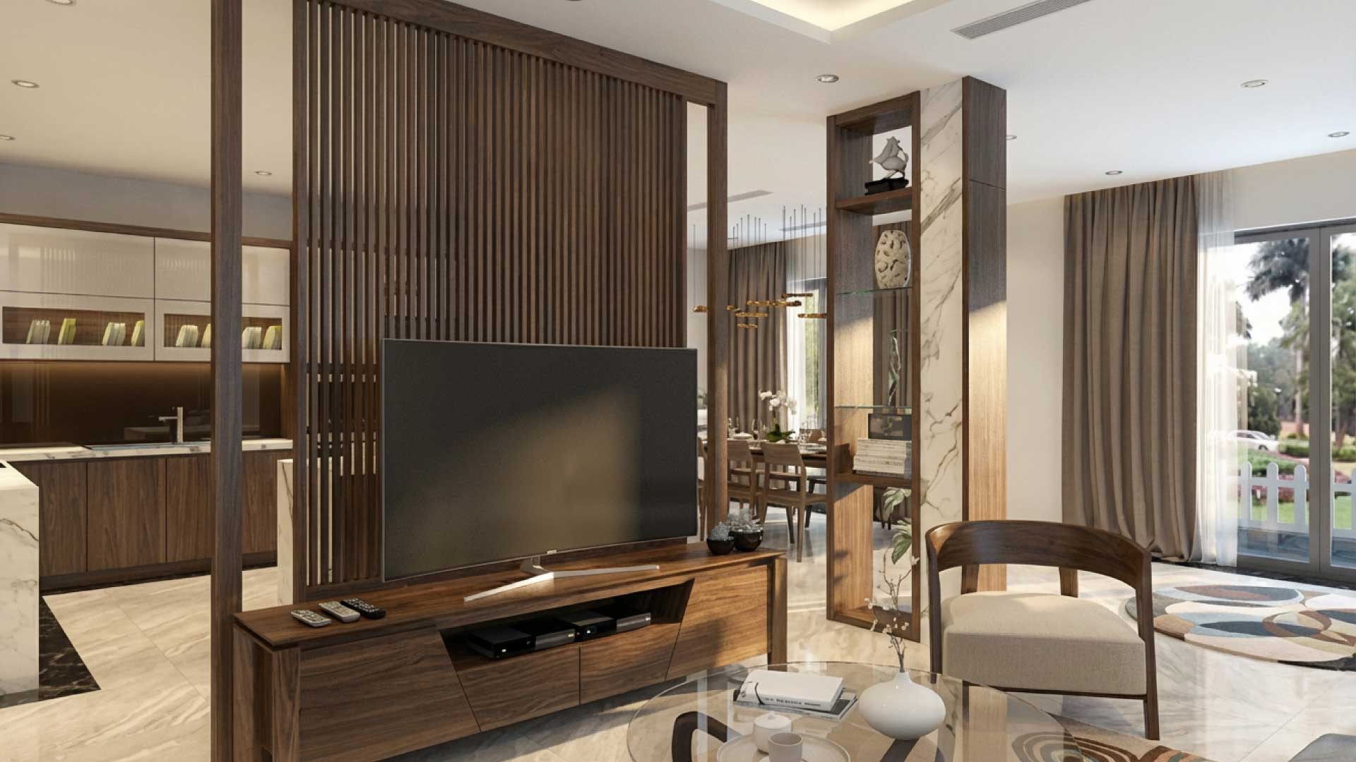 mẫu vách ngăn bếp bằng gỗ công nghiệp kết hợp bàn tivi hiện đại