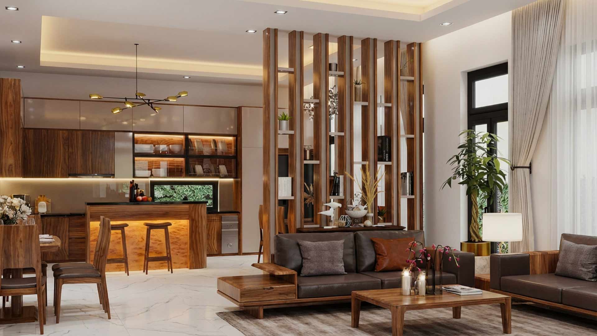 mẫu vách ngăn gỗ công nghiệp kết hợp kệ trang trí