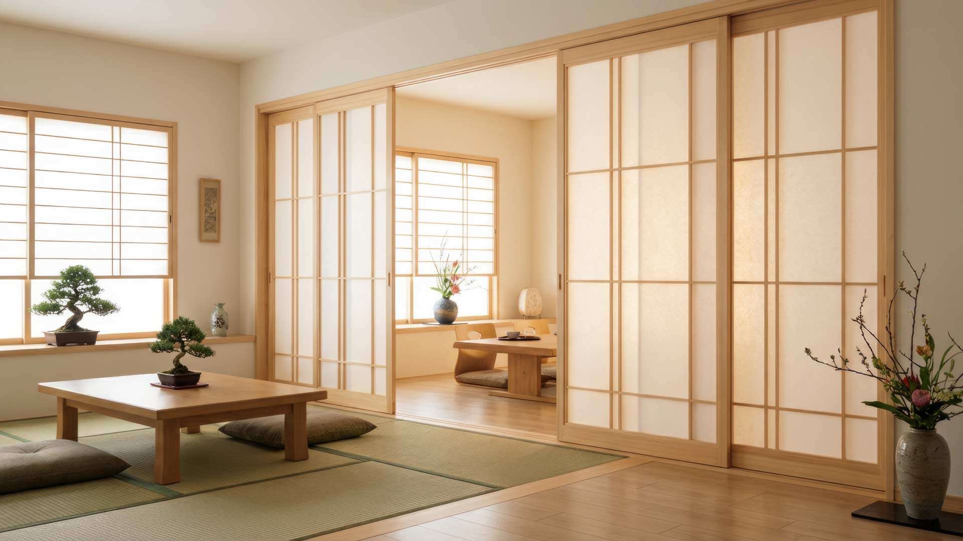 vách kiểu Nhật bằng gỗ và giấy mờ