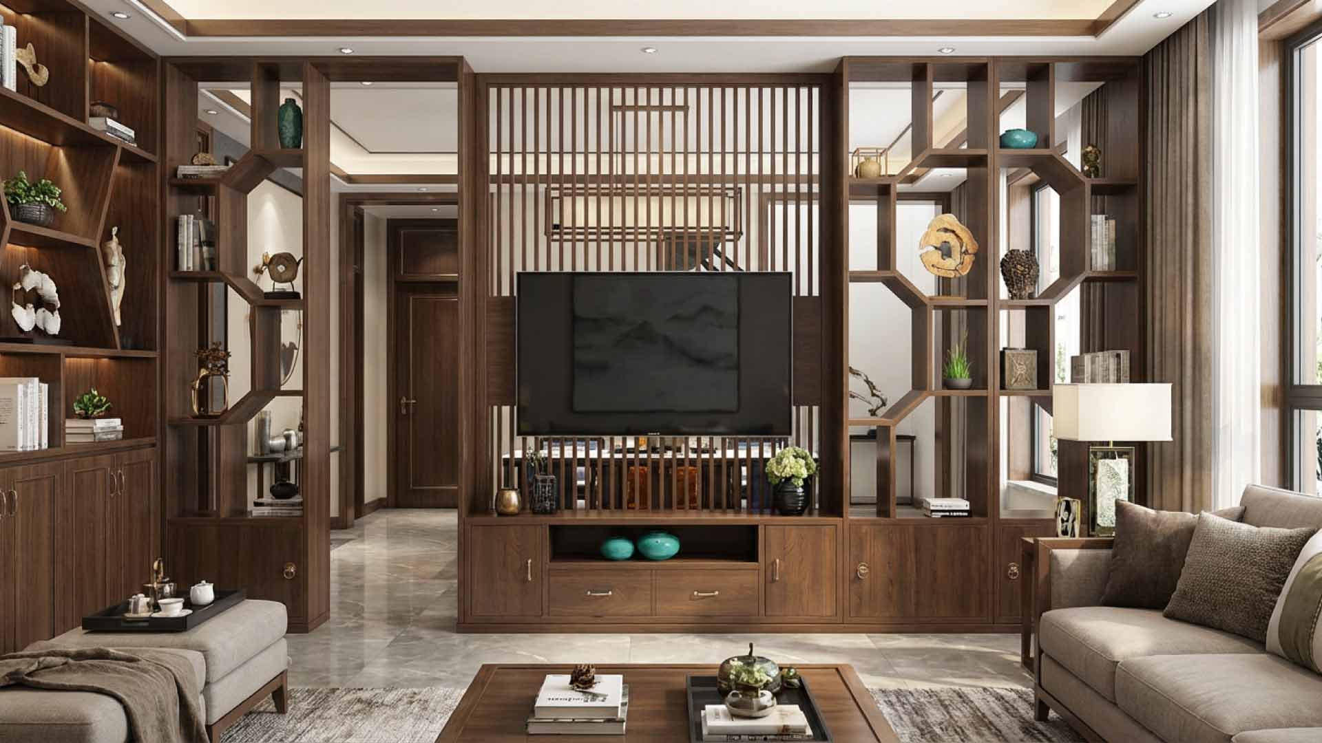 vách ngăn bếp bằng gỗ công nghiệp kết hợp bàn tivi hiện đại