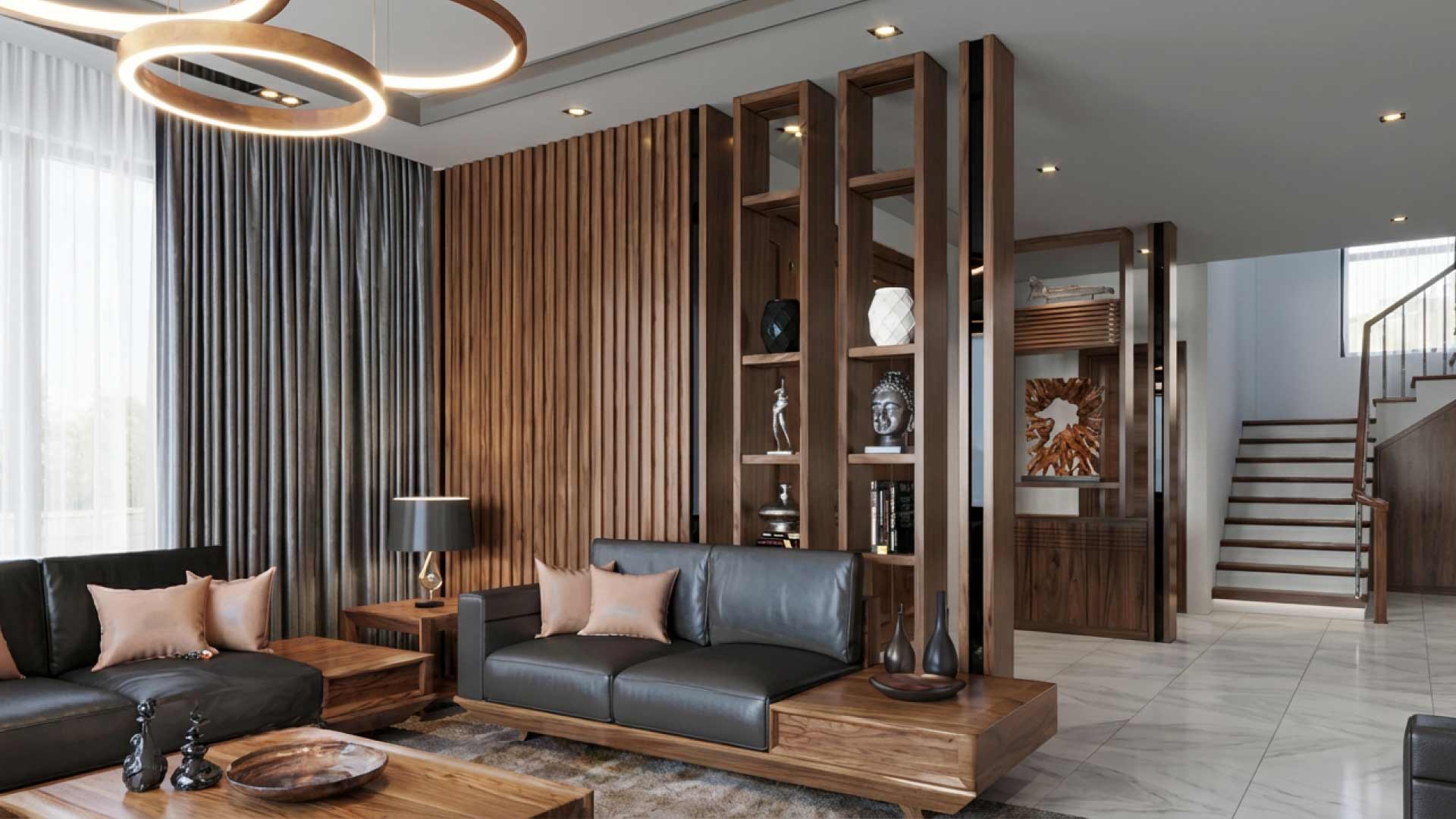 vách ngăn gỗ công nghiệp kết hợp kệ trang trí