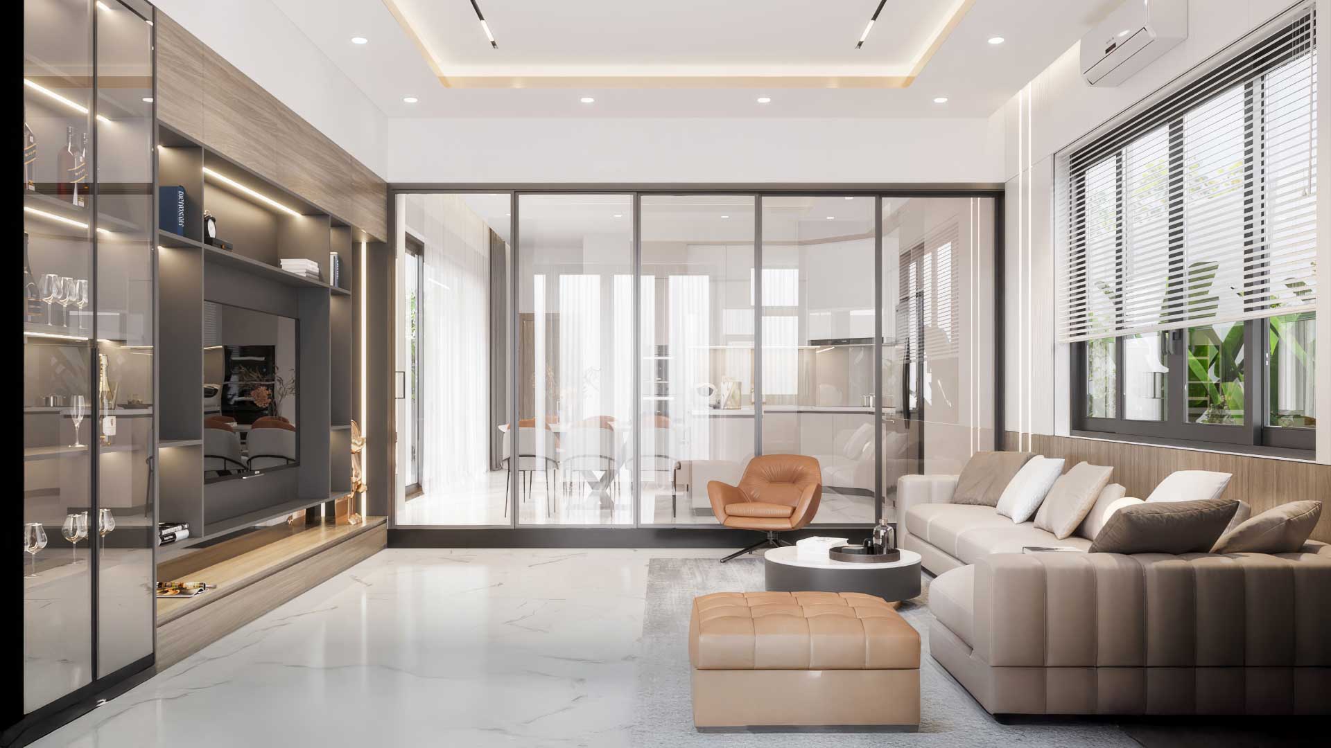 vách ngăn kính giữa phòng khách và phòng bếp