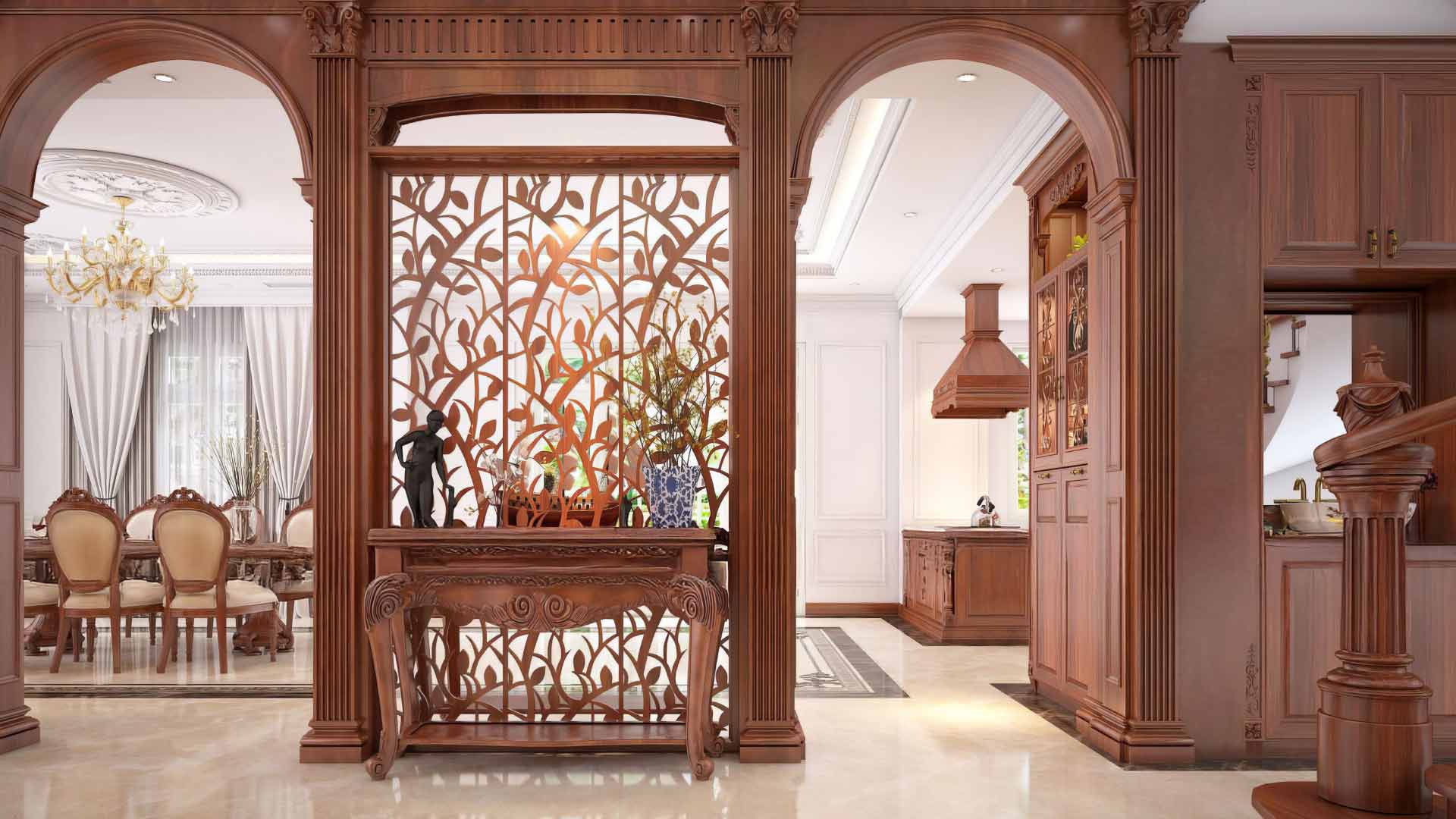 vách ngăn phòng khách và bếp bằng gỗ tự nhiên