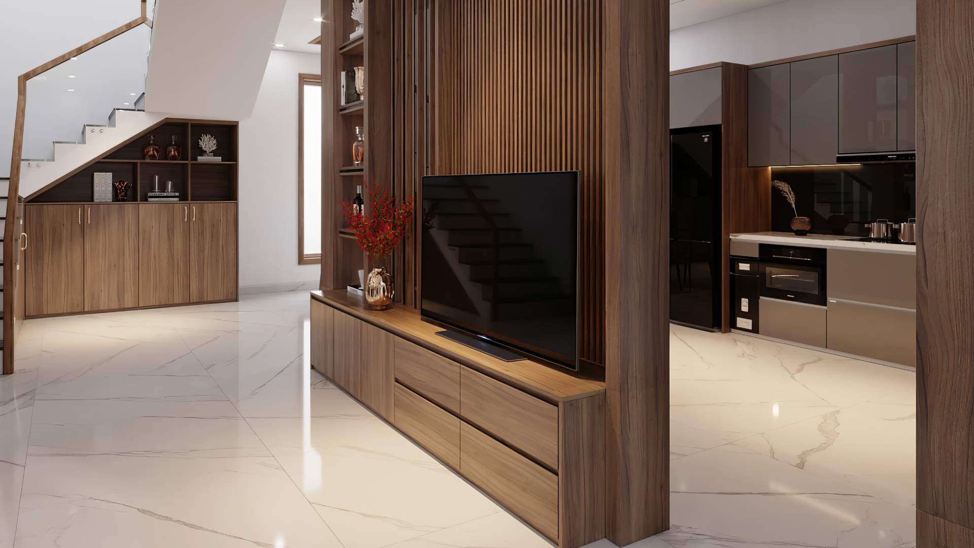 vách ngăn phòng khách và bếp bằng gỗ công nghiệp