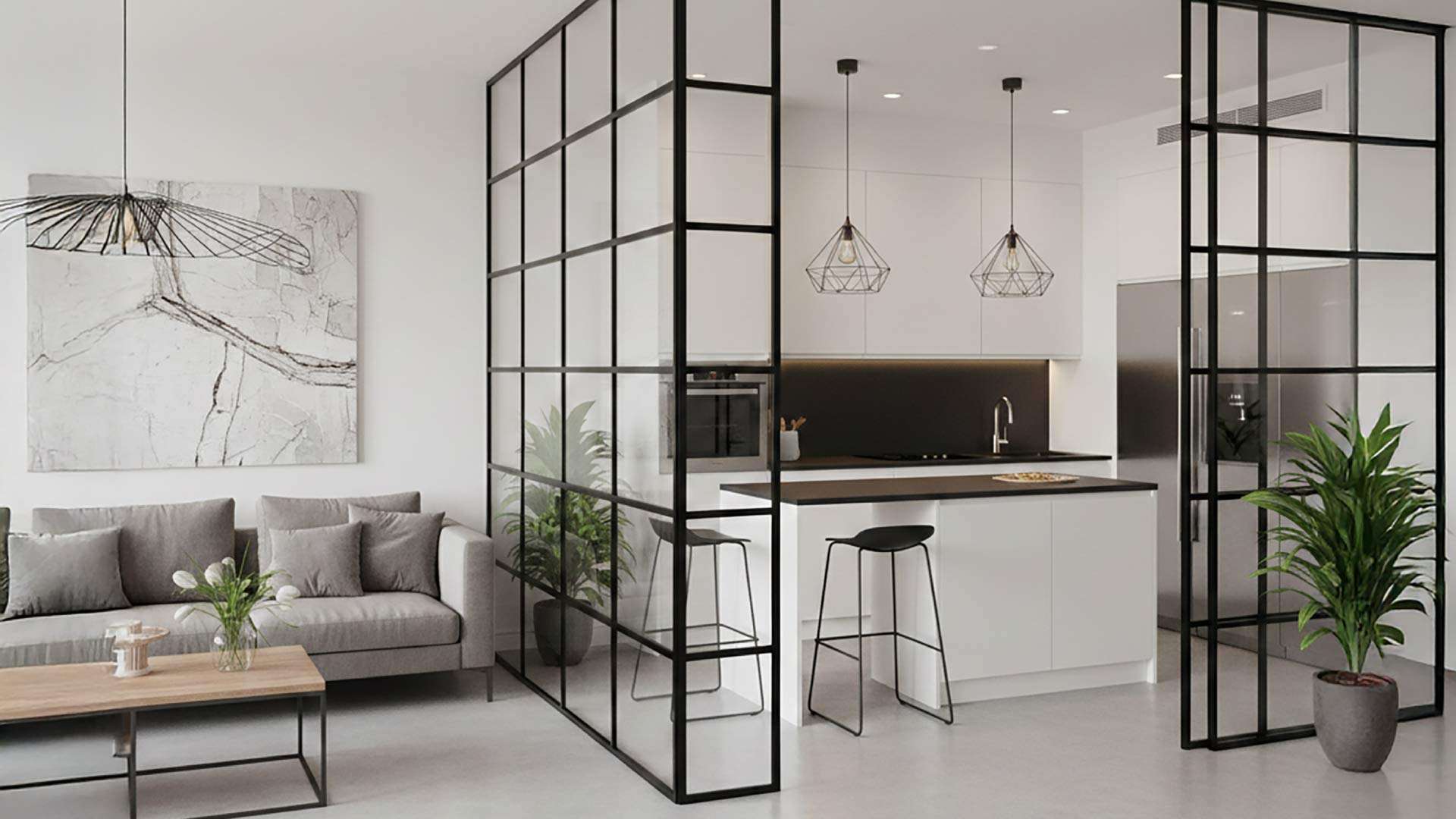 vách ngăn phòng khách và bếp bằng nhôm kính