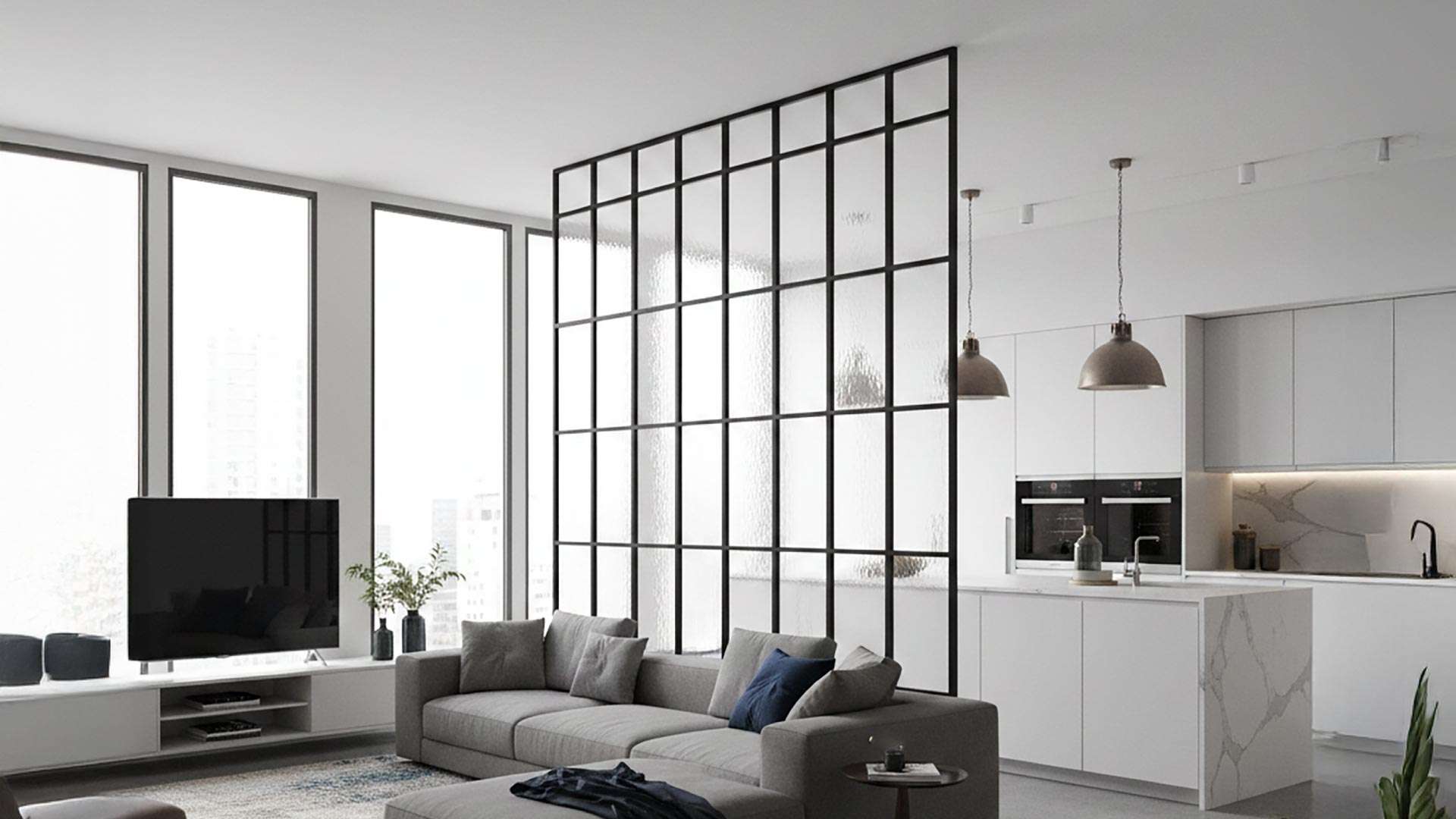 vách ngăn phòng khách và bếp bằng sắt