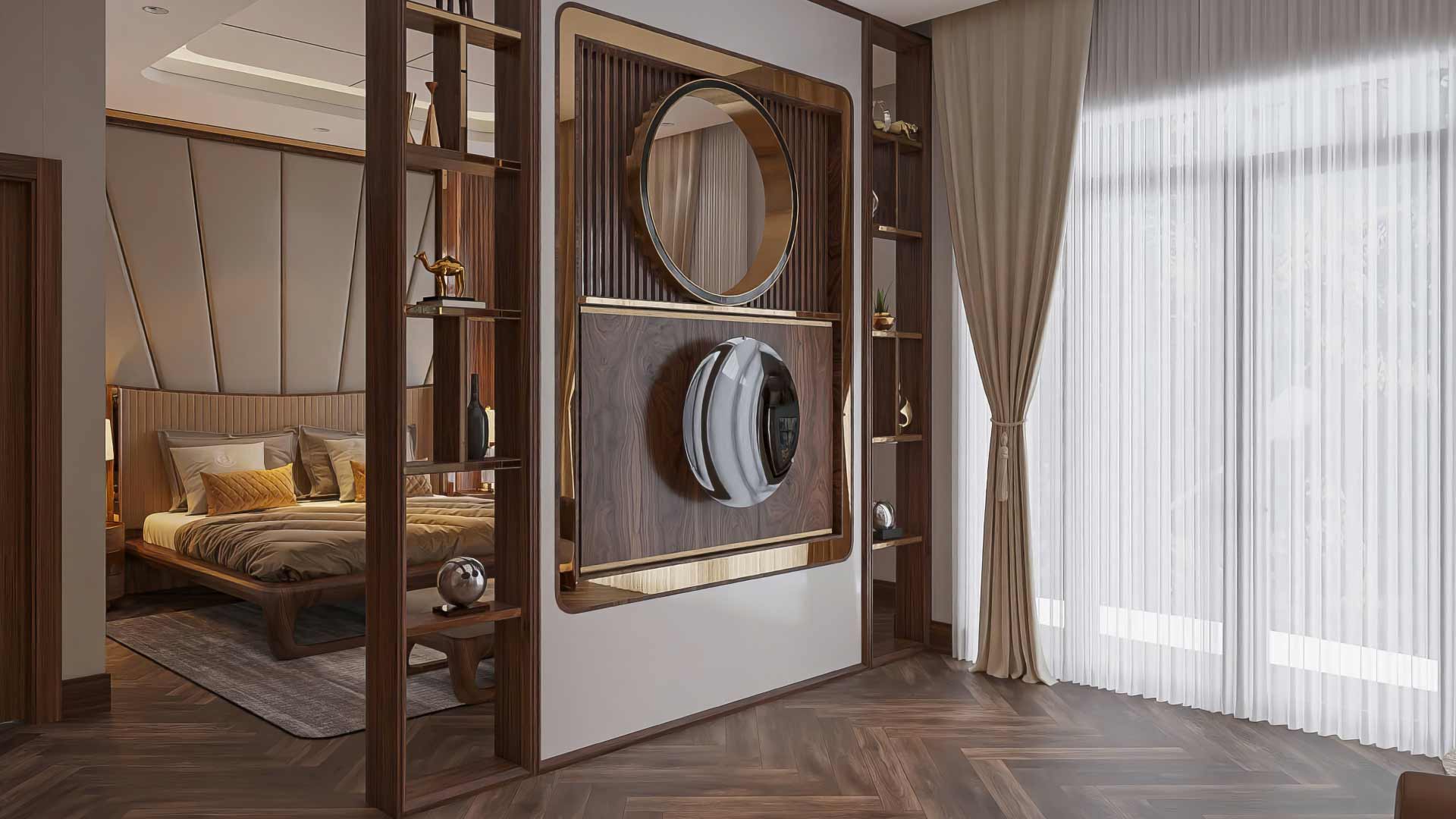 vách ngăn phòng ngủ bằng gỗ công nghiệp