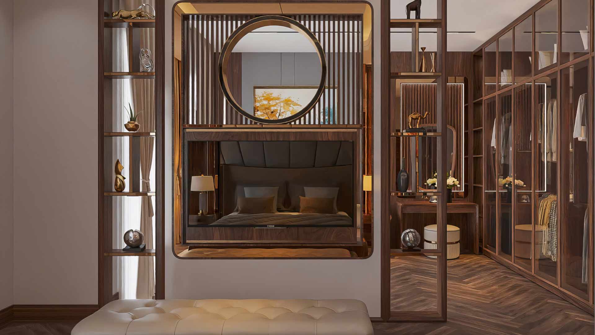 vách ngăn phòng ngủ bằng gỗ tự nhiên