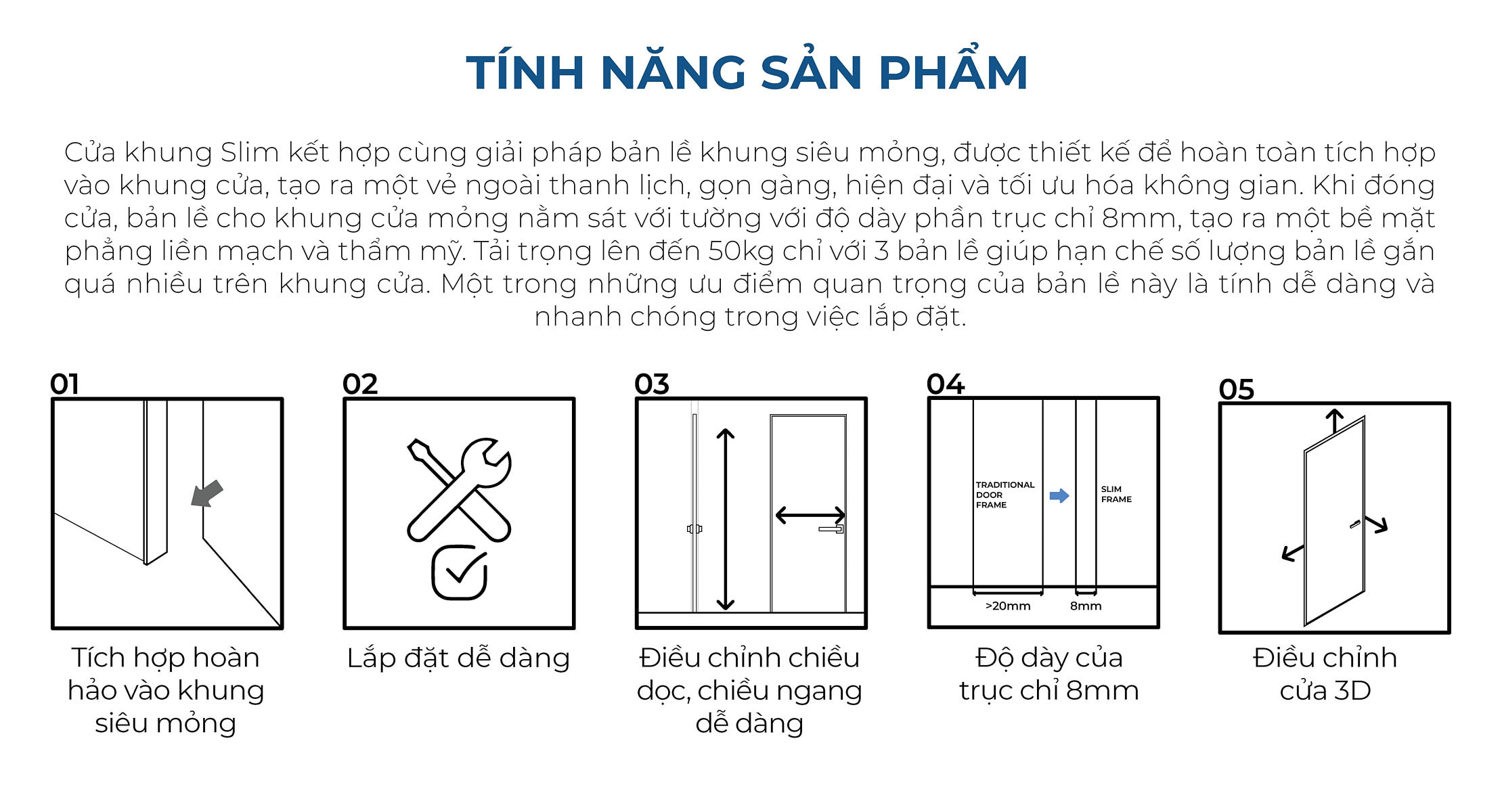 An Cường mang đến giải pháp cửa đi khung siêu mỏng Slim Door với chiều cao ấn tượng 2.7m được làm từ tất cả các loại chất liệu: Melamine, Laminate, Veneer, Lacquered Laminate, Acrylic, khung Wrapping Lacquered Laminate.