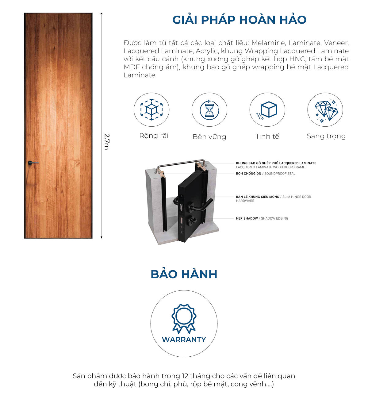 An Cường mang đến giải pháp cửa đi khung siêu mỏng Slim Door với chiều cao ấn tượng 2.7m được làm từ tất cả các loại chất liệu: Melamine, Laminate, Veneer, Lacquered Laminate, Acrylic, khung Wrapping Lacquered Laminate.